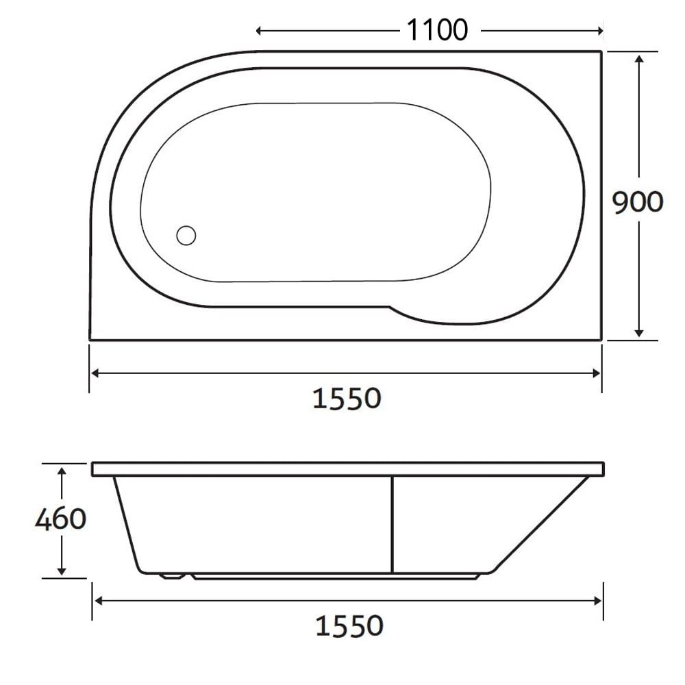 Donello Compact Right Hand Reinforced Acrylic Shower Bath 1550x900mm