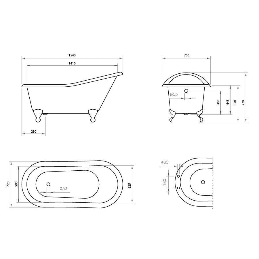Stellar Freestanding Slipper Cast Iron Bath 1540x750mm